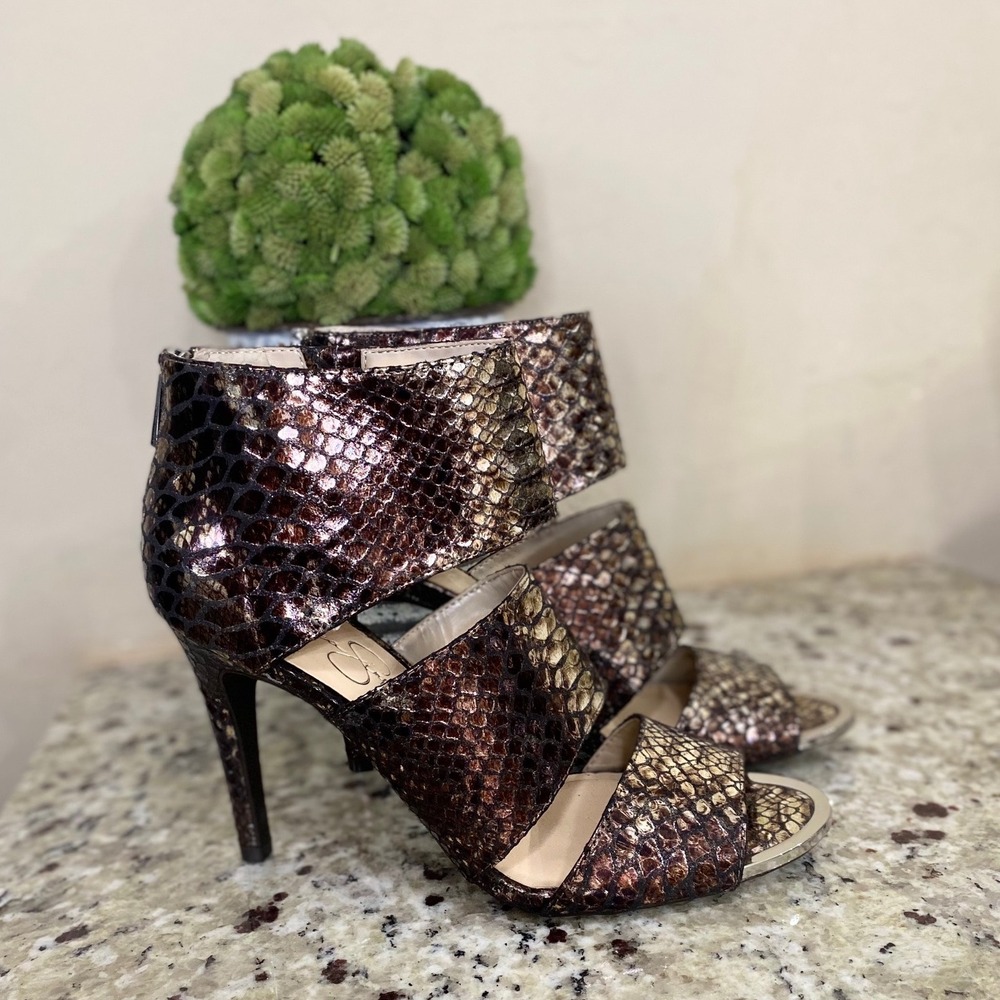 Jessica Simpson Bronze Metallic Snakeskin Embossed Cutout‎ Heel Sandals 8M
